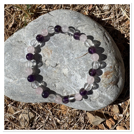 Bracelet mixte Améthyste, Cristal de roche et Quartz Rose 6 mm