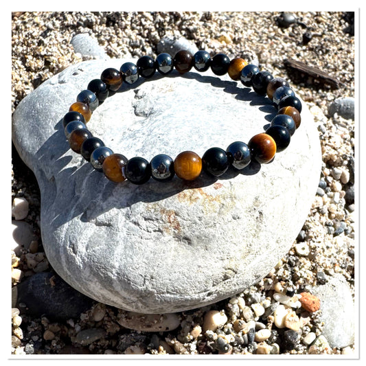 Triple protection - Œil de tigre, Hématite & Obsidienne noire 6mm