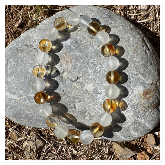 Bracelet mixte 8mm : citrine chauffée / Sélénite - Pérénnité et réussite